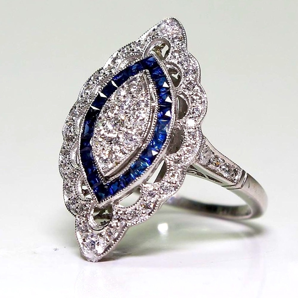 Silver Antique Art Deco Vintage Victorian Blue White Sapphire Topaz Ring size 5 - Picture 2 of 7
